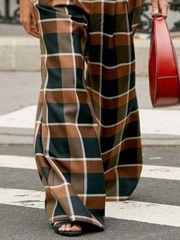High Waisted Wide Leg Plaid Split-Joint Pants Trousers