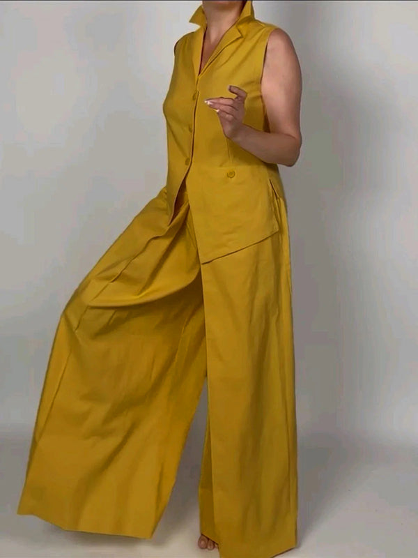 Sleeveless Buttoned Solid Color Lapel Vest Top