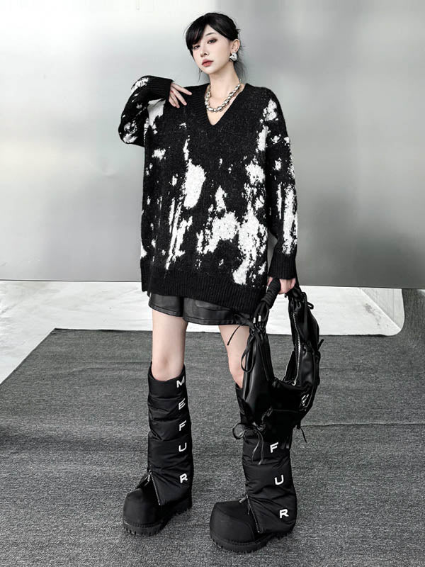 Long Sleeves Loose Abstract Printed Contrast Color Ribs Split-Joint V-Neck Sweater Tops