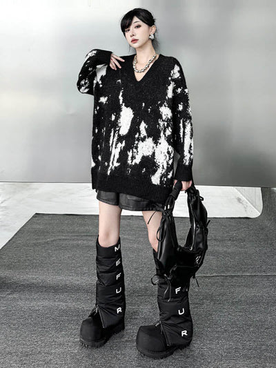 Long Sleeves Loose Abstract Printed Contrast Color Ribs Split-Joint V-Neck Sweater Tops