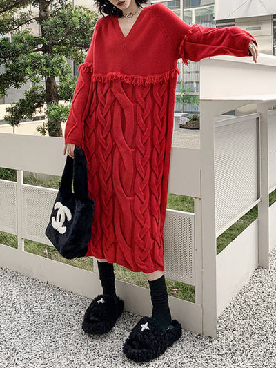 Long Sleeves Loose Solid Color Split-Joint Tasseled V-Neck Midi Dresses Sweater Dresses
