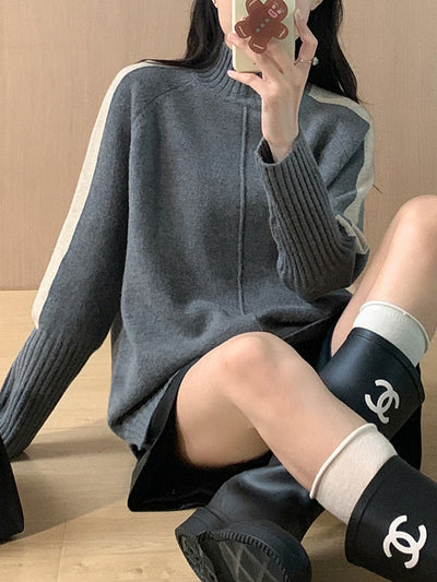 High-Low Long Sleeves Contrast Color Split-Joint Split-Side High Neck Pullovers Sweater Tops