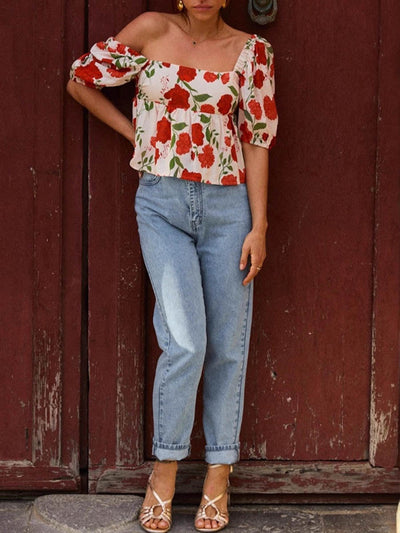 Loose Short Sleeves Backless Bow-Embellished Contrast Color Flower Print Pleated Split-Joint Square-Neck Blouses&Shirts Tops
