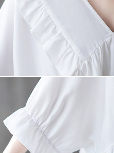 Loose Ruffle Sleeves Ruffled Solid Color Peter Pan Collar Blouses&Shirts Tops