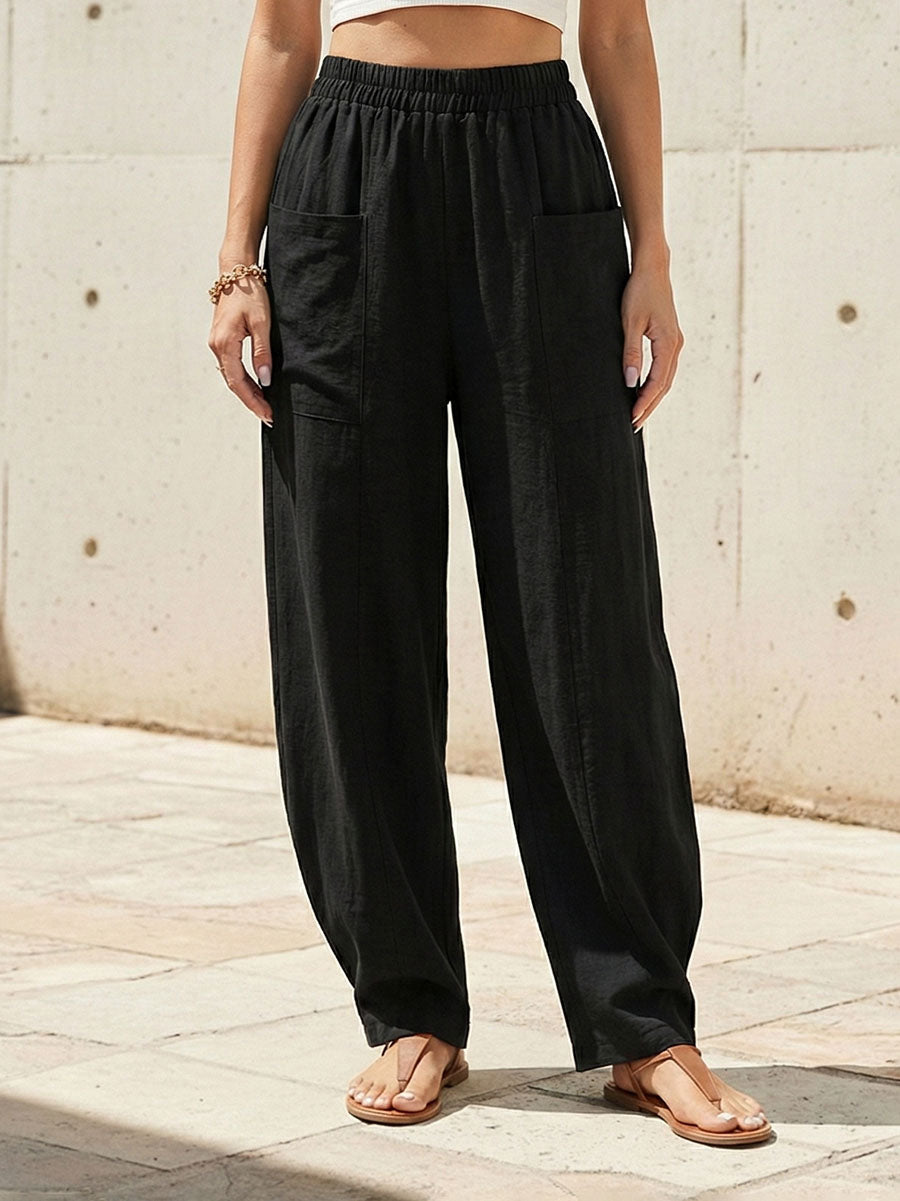 Loose Plus Size Elasticity Pockets Solid Color Pants
