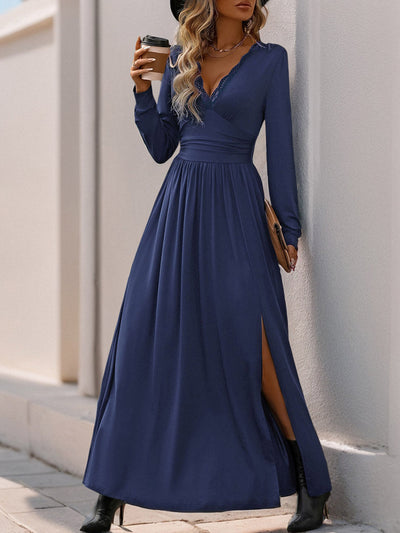 A-Line High Waisted Pleated Solid Color Split-Side V-Neck Maxi Dresses