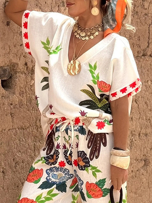 Loose Raglan Sleeve Printed Split-Joint V-Neck Blouses&Shirts Tops