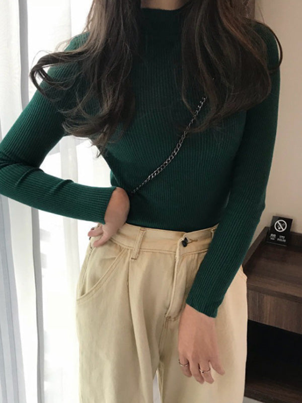 Casual Skinny Long Sleeves Solid Color High-Neck Sweater Tops