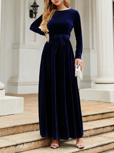 Long Sleeves Wrap Belted Pleated Solid Color Zipper Round-Neck Maxi Dresses