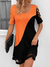 A-Line Loose Contrast Color Hollow Mesh Split-Joint Cold Shoulder Mini Dresses