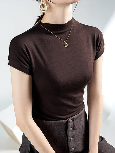 Short Sleeves Skinny Solid Color Mock Neck T-Shirts Tops