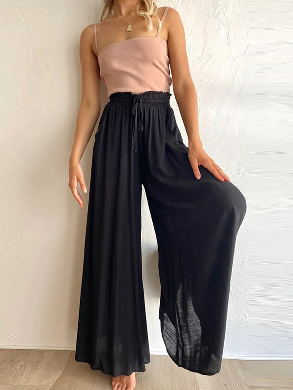 High Waisted Loose Drawstring Elasticity Pleated Pockets Solid Color Pants Trousers