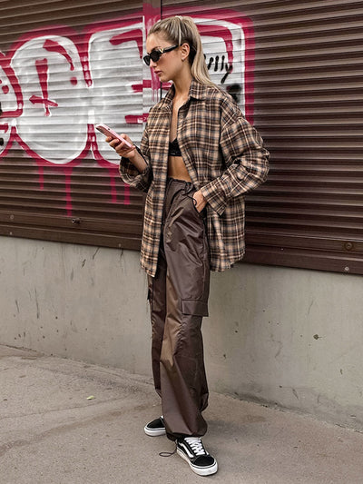 Long Sleeves Loose Buttoned Contrast Color Plaid Split-Joint Lapel Blouses&Shirts Tops Outerwear