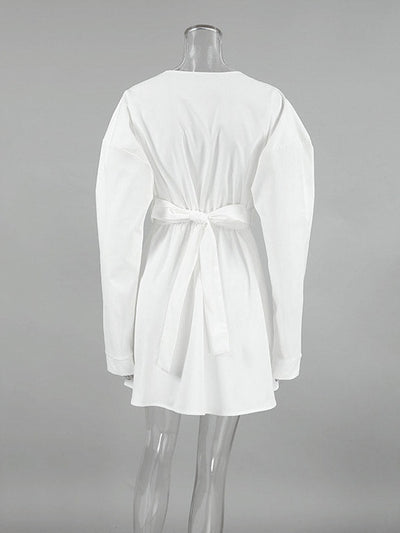 Long Sleeves Loose Pleated Solid Color Split-Joint Tied Waist V-Neck Mini Dresses Shirt Dress