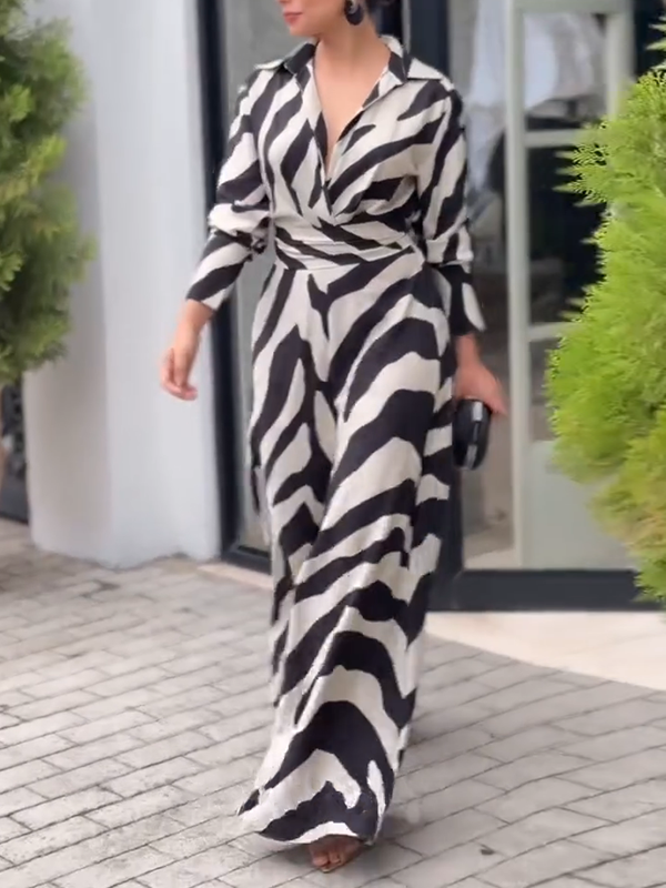 Long Sleeves Wide Leg Split-Joint Tied Waist Zebra Printed Lapel Jumpsuits