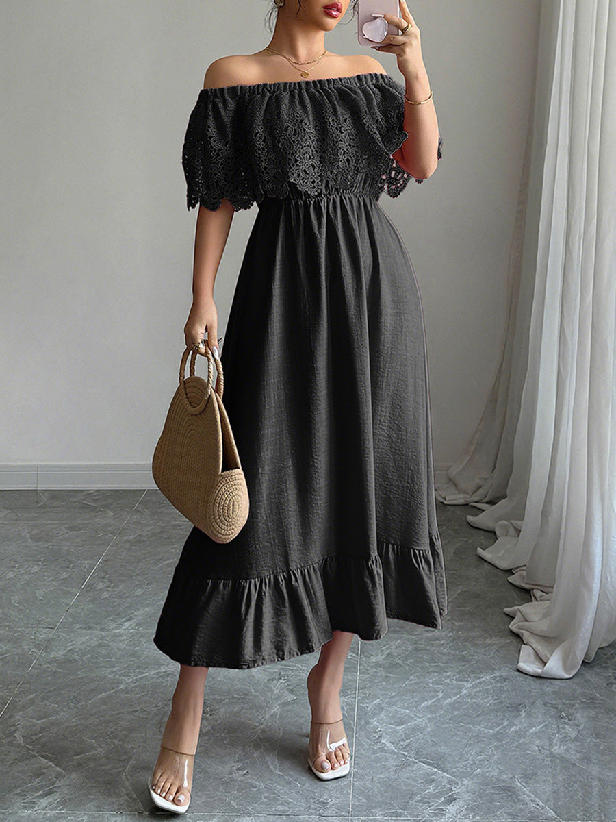 A-Line High Waisted Pleated Ruffled Solid Color Split-Joint Off-the-shoulder Midi Dresses