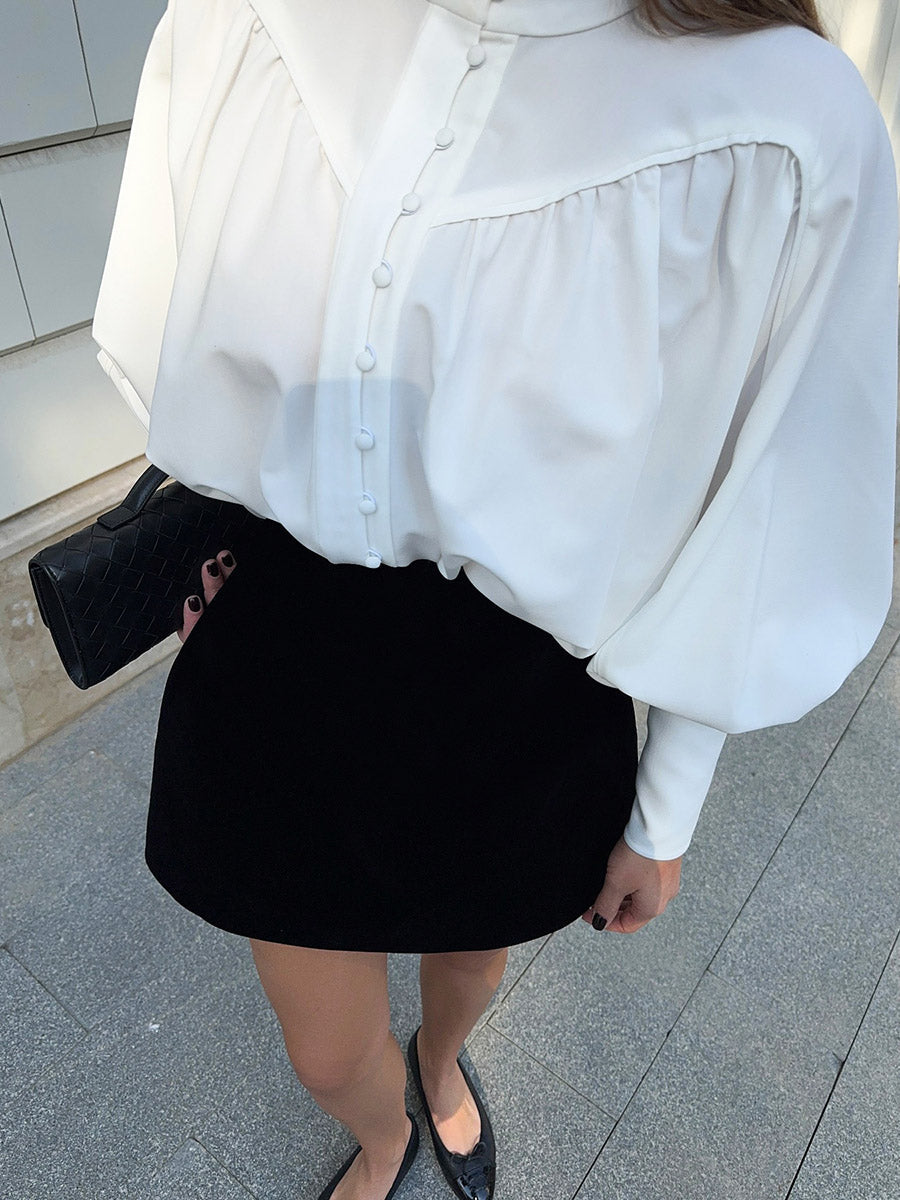 Long Sleeves Loose Buttoned Pleated Solid Color Split-Joint Stand Collar Blouses&Shirts Tops