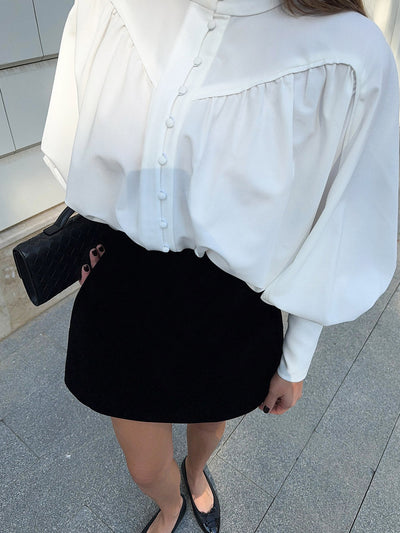 Long Sleeves Loose Buttoned Pleated Solid Color Split-Joint Stand Collar Blouses&Shirts Tops