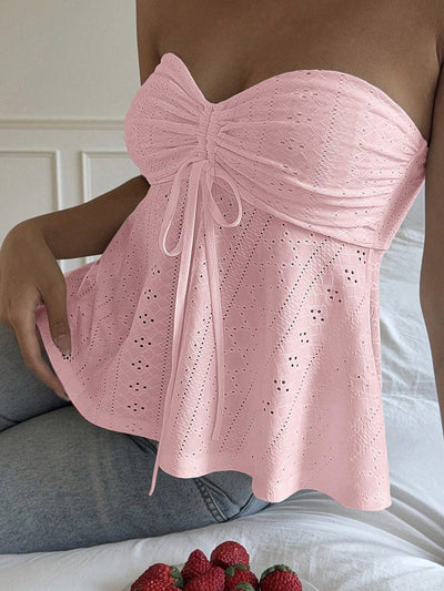 Skinny Sleeveless Backless Hollow Pleated Solid Color Split-Joint Tied Tube Vest Top