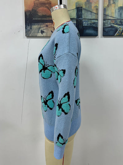 Original Long Sleeves Loose Butterfly Print Contrast Color Round-Neck Sweater Tops
