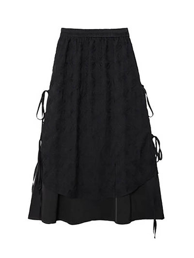 Solid Color Split-Joint Asymmetric Drawstring Flower Print   False Two Lapel Buttoned Pockets Blouses&Shirts Tops + Elasticated Waist Double Layered Skirts Bottoms Two Pieces Set
