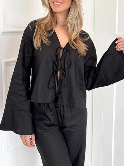 Lace-Up Solid Color V-Neck Blouses&Shirts Tops