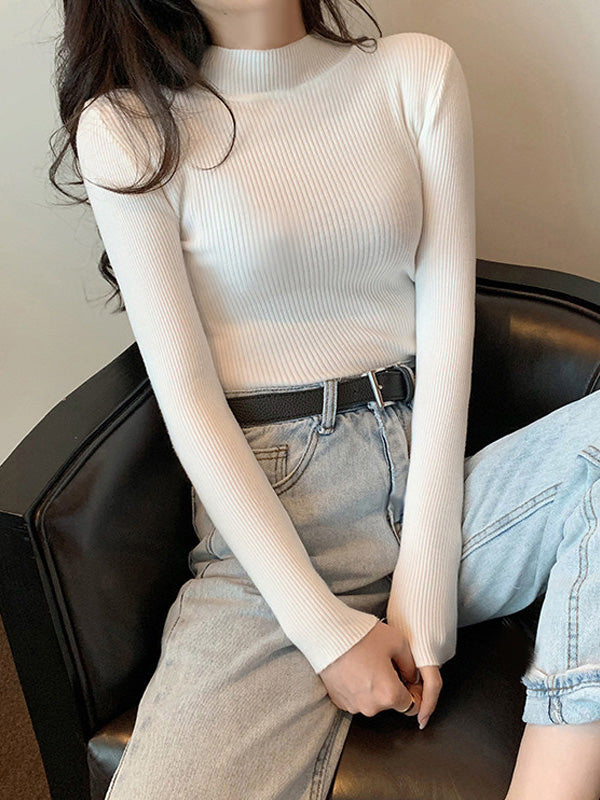 Casual Skinny Long Sleeves Solid Color High-Neck Sweater Tops