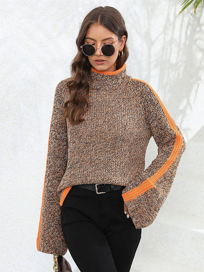 Casual Long Sleeves Loose Contrast Color Half Turtleneck Sweater Tops