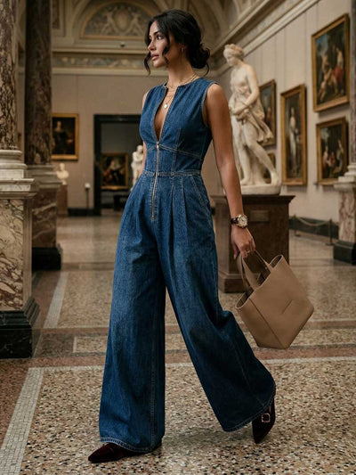 High Waisted Sleeveless Pleated Pockets Solid Color Zipper Round-Neck Jumpsuits