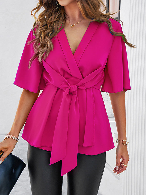 Flared Sleeves Half Sleeves Solid Color Tied V-Neck Blouses&Shirts Tops