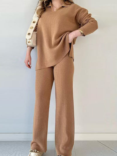 Loose Long Sleeves Solid Color Split-Side Lapel Sweater Top + Pants Two Pieces Set