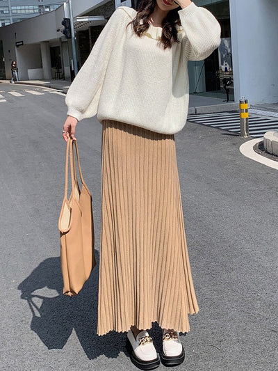 A-Line High Waisted Pleated Solid Color Skirts Bottoms