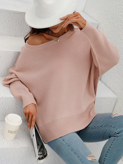 Casual Long Sleeves Loose Split-Side Solid Color Round-Neck Sweater Tops