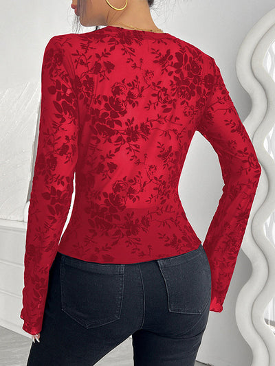 Flared Sleeves Long Sleeves Solid Color Deep V-Neck T-Shirts