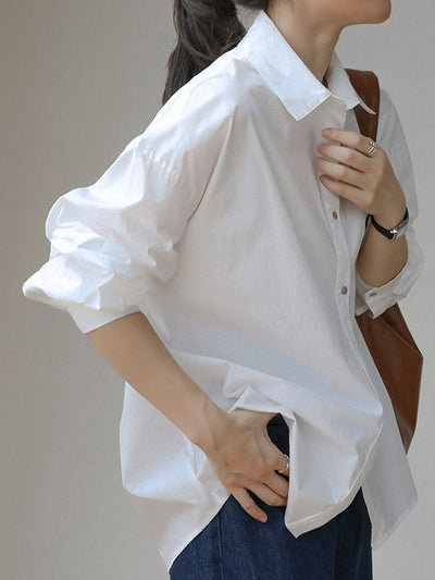 Long Sleeves Loose Buttoned Solid Color Lapel Blouses&Shirts Tops