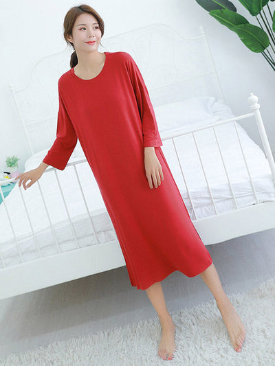 Modal Long Sleeve Split-Side Loose Pajamas Dress