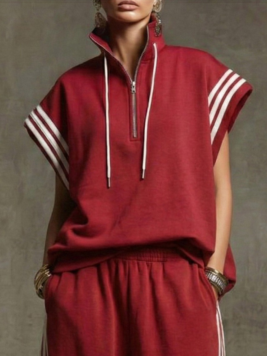 Loose Sleeveless Contrast Color Drawstring Split-Joint Striped Zipper Mock Neck Blouses&Shirts Tops