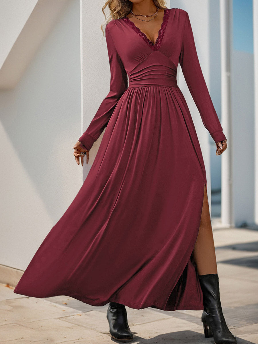 A-Line High Waisted Pleated Solid Color Split-Side V-Neck Maxi Dresses
