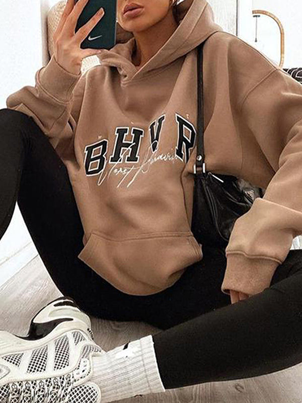 Long Sleeves Loose Keep Warm Letter Print Velvet Hooded Hoodies Tops