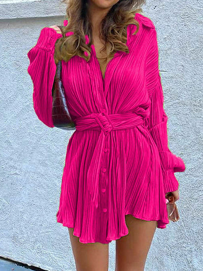 Long Sleeves Buttoned Pleated Solid Color Tied Waist Lapel Mini Dresses Shirt Dress