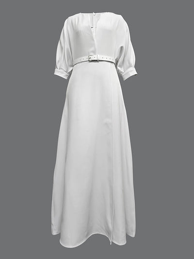 Half Sleeves Loose Belted Solid Color Deep V-Neck Maxi Dresses