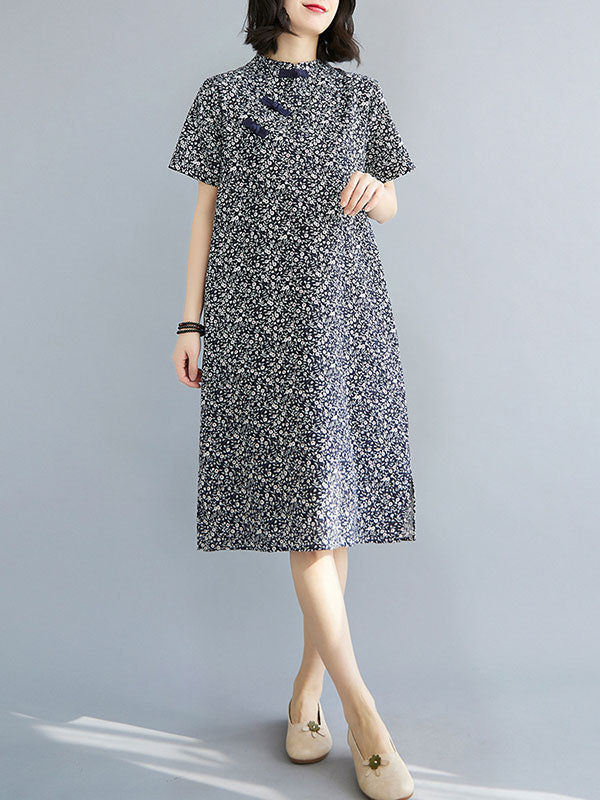 Artistic Retro Floral Printed Stand Collar Short Sleeves Cheongsam Midi Dress