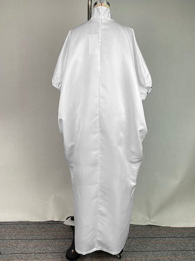 Half Sleeves Loose Elasticity Printed Split-Front Stand Collar Maxi Dresses