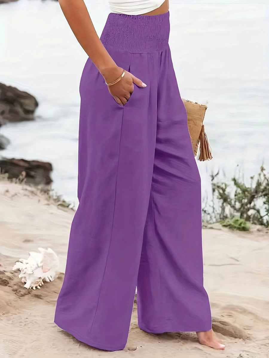 Elasticated Waist High Waisted Pleated Pockets Solid Color Split-Joint Pants
