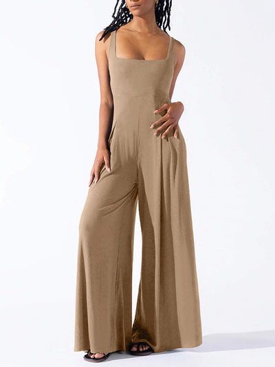 Loose Sleeveless Pleated Solid Color Spaghetti-Neck Jumpsuits