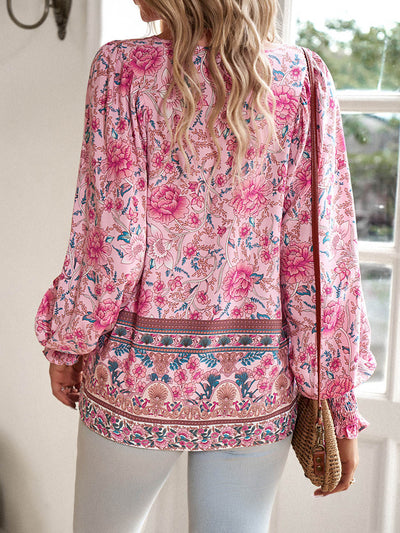 Long Sleeves Loose Contrast Color Drawstring Flower Print Pleated Split-Joint V-Neck Blouses&Shirts Tops