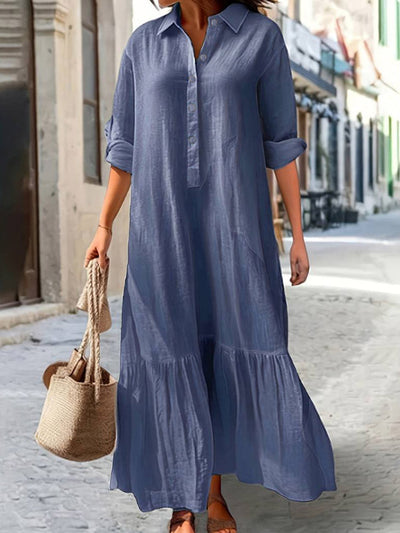 A-Line Long Sleeves Buttoned Pleated Solid Color Split-Joint Lapel Maxi Dresses