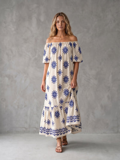 A-Line Half Sleeves Elasticity Pleated Printed Ruffle Trim Split-Joint Off-The-Shoulder Maxi Dresses