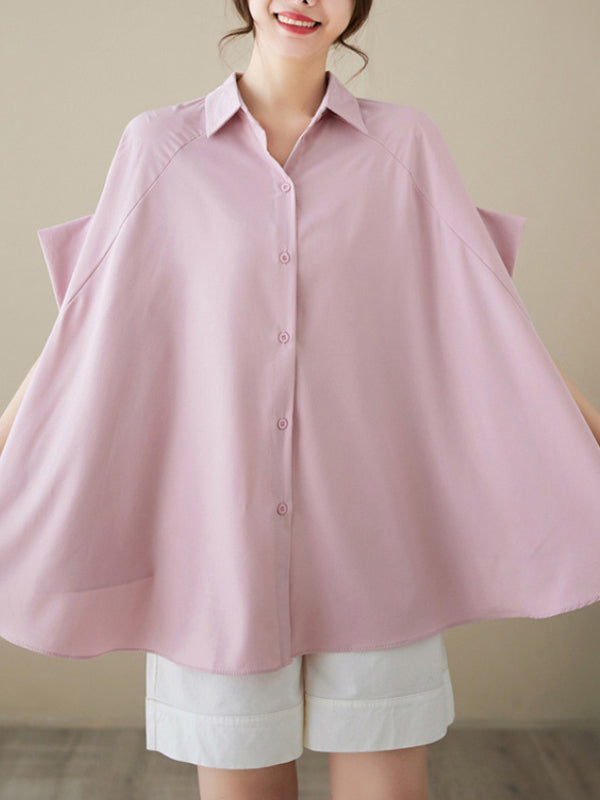 Loose Short Sleeves Solid Color Lapel Shirts Tops