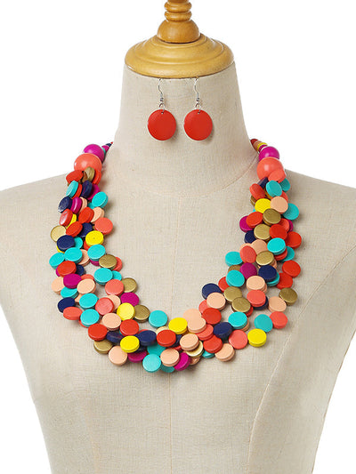 Rustic Charm Multi-Layer Wood Bead Necklace & Earring Set